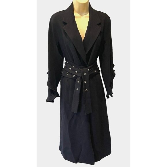 Zara Navy Blue Ruffled Sleeve Belted Wrap Midi Trench Coat Duster - Picture 4 of 10